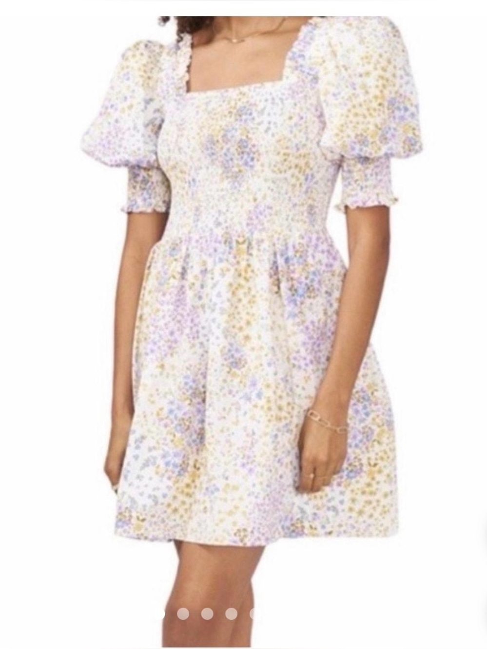State Floral Puff-Sleeve Square Neck Dress - Lavender & Yellow
